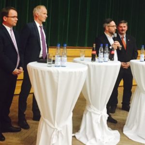 MdL Timon Gremmels, Staatssekretär Rainer Baake, MdB Michael Roth und Bürgermeister von Neuenstein Walter Glänzer